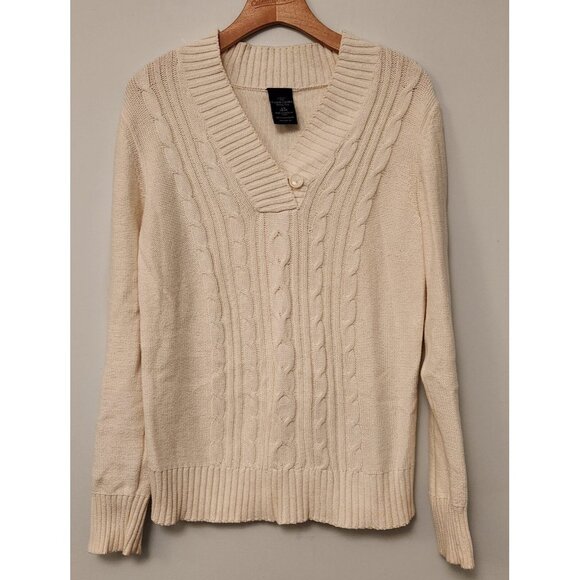 Faded Glory V-Neck Cable Knit Sweater W/ Button Accent Ivory Womens Large EUC - Picture 3 of 8